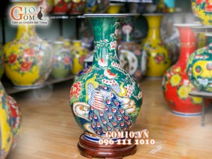 Bình hoa nền xanh dáng tỏi vẽ công đào 55cm