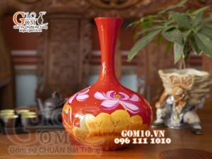 Bình hoa sơn mài dáng tỏi dẹt vẽ hoa sen cao 44cm