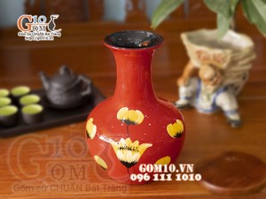 Bình hoa sơn mài dáng tỏi đỏ vẽ hoa tuylip cao 28cm