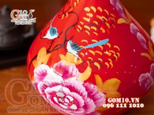 Bình hoa sơn mài dáng tỏi mới vẽ hoa mẫu đơn đỏ cao 36cm 