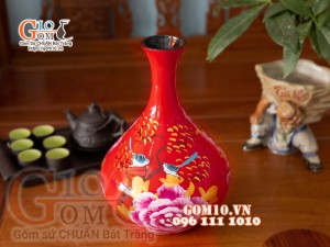 Bình hoa sơn mài dáng tỏi mới vẽ hoa mẫu đơn đỏ cao 36cm 
