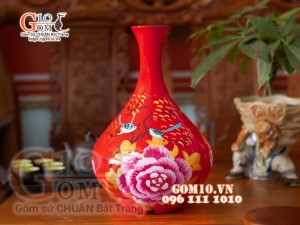 Bình hoa sơn mài dáng tỏi mới vẽ hoa mẫu đơn đỏ cao 36cm 
