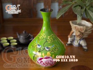 Lọ hoa sơn mài dáng tỏi vẽ mẫu đơn cao, nền xanh lá, cao 36cm