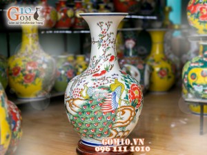 Bình hoa trắng dáng tỏi vẽ công đào 56cm