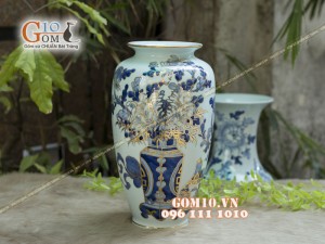 Bình hoa trang trí men rong cổ họa tiết Cổ Đồ, cao 35cm - Vẽ vàng 24k