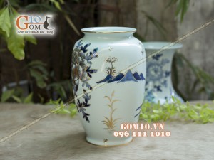 Bình hoa trang trí men rong cổ họa tiết Công Đào, cao 30cm - Vẽ vàng 24k