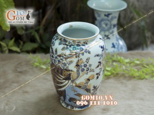 Bình hoa trang trí men rong cổ họa tiết Công Đào, cao 30cm - Vẽ vàng 24k