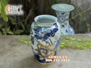 Bình hoa trang trí men rong cổ họa tiết Hoa Sen, cao 30cm - Vẽ vàng 24k