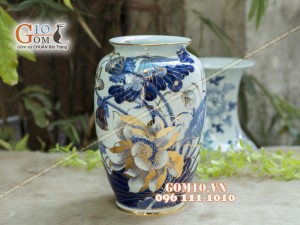 Bình hoa trang trí men rong cổ họa tiết Hoa Sen, cao 30cm - Vẽ vàng 24k