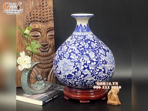 Lọ hoa dáng túi tiền men lam cổ vẽ hoa Phù Dung, cao 31cm