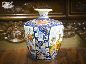 Bình hút lộc dáng cao men lam nhị cảnh Thuận Buồm Xuôi Gió - Công Đào vẽ vàng 24k, cao 28cm