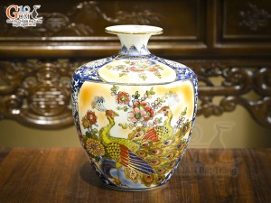 Bình hút lộc dáng cao men màu nhị cảnh Thuận Buồm Xuôi Gió - Công Đào vẽ vàng 24k, cao 28cm