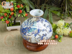 Bình hút lộc dáng Giỏ tiền vẽ vàng 24k, cảnh Công Đào, cao 19cm