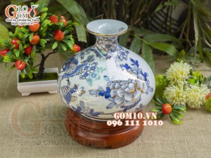 Bình hút lộc dáng Giỏ tiền vẽ vàng 24k, cảnh Công Đào, cao 19cm