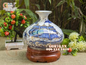 Bình hút lộc dáng Giỏ tiền vẽ vàng 24k, cảnh Thuận Buồm Xuôi Gió, cao 19cm