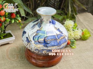 Bình hút lộc dáng Giỏ tiền vẽ vàng 24k, cảnh Thuận Buồm Xuôi Gió, cao 19cm