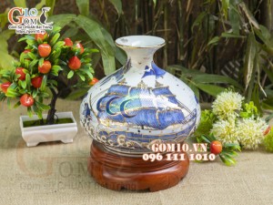 Bình hút lộc dáng Giỏ tiền vẽ vàng 24k, cảnh Thuận Buồm Xuôi Gió, cao 19cm