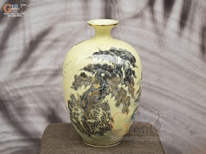Bình hút lộc dáng no đủ họa tiết Sơn Thủy Hữu Tình vẽ vàng 24k, cao 32cm
