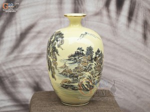 Bình hút lộc dáng no đủ họa tiết Sơn Thủy Hữu Tình vẽ vàng 24k, cao 32cm