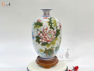 Bình hút lộc dáng no đủ men lam họa tiết Liên Hoa Cát Tường, cao 30cm