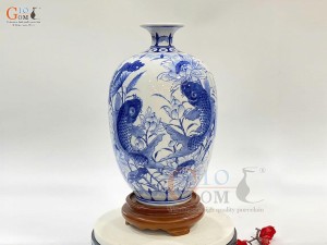 Bình hút lộc dáng no đủ men lam họa tiết Liên Niên Hữu Dư, cao 30cm