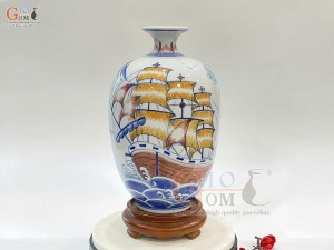Bình hút lộc dáng no đủ men lam họa tiết Thuận Buồm Xuôi Gió, cao 30cm