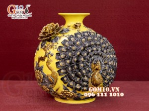 Bình hút lộc đắp nổi Công Danh Phú Quý, nền vàng, cao 35cm