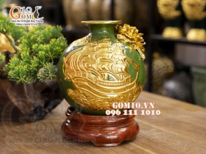 Bình hút lộc đắp nổi dát vàng Thuận buồm xuôi gió, nền xanh, cao 16cm