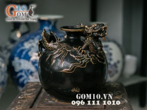 Bình hút lộc đen đắp nổi rồng vẽ vàng 20cm