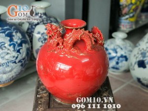 Bình hút lộc đỏ đắp nổi rồng vẽ vàng 30cm