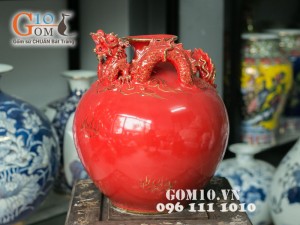 Bình hút lộc đỏ đắp nổi rồng vẽ vàng 32cm