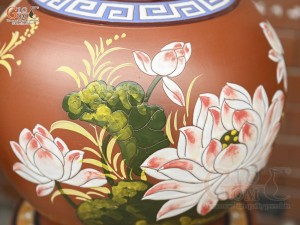 Bình hút lộc gốm đất đỏ khắc nổi Chim Hoa, cao 34cm