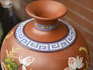 Bình hút lộc gốm đất đỏ khắc nổi Chim Hoa, cao 34cm