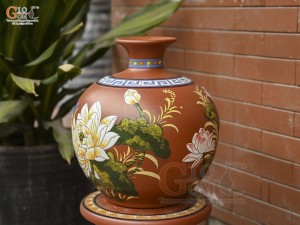 Bình hút lộc gốm đất đỏ khắc nổi Chim Hoa, cao 34cm