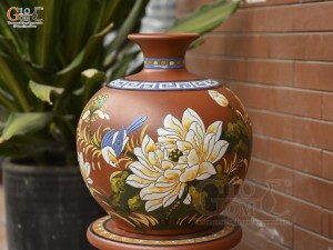 Bình hút lộc gốm đất đỏ khắc nổi Chim Hoa, cao 34cm