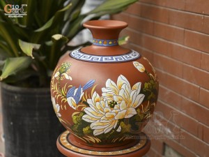 Bình hút lộc gốm đất đỏ khắc nổi Chim Hoa, cao 34cm