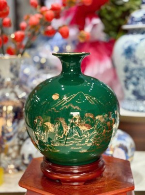 Bình hút lộc họa tiết mã đáo thành công vàng kim men xanh lục bảo, cao 26cm