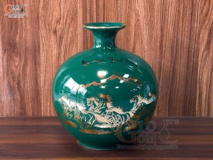Bình hút lộc họa tiết Mã Đáo Thành Công vàng kim men xanh lục bảo, cao 30cm