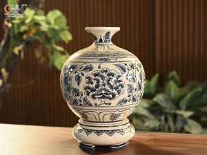 Bình hút lộc men cổ họa tiết hoa phù dung, cao 30cm (cả đế)