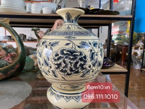 Bình hút lộc men cổ họa tiết hoa phù dung, cao 32cm (cả đế)