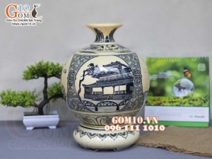 Bình hút lộc men cổ họa tiết Tứ Cảnh, cao 32cm (cả đế)