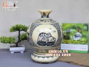 Bình hút lộc men cổ họa tiết Tứ Cảnh, cao 32cm (cả đế)