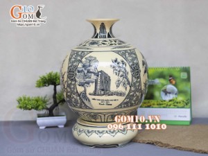 Bình hút lộc men cổ họa tiết Tứ Cảnh, in logo Quà Tặng