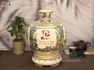 Bình hút lộc men cổ họa tiết Tứ Cảnh Vinh Hoa Phú Quý chữ Lộc vẽ vàng 24k, cao 36cm (cả đế)