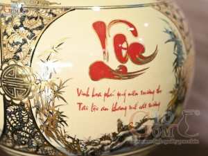 Bình hút lộc men cổ họa tiết Tứ Cảnh Vinh Hoa Phú Quý chữ Lộc vẽ vàng 24k, cao 36cm (cả đế)