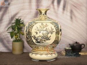 Bình hút lộc men cổ họa tiết Tứ Cảnh Vinh Hoa Phú Quý chữ Lộc vẽ vàng 24k, cao 36cm (cả đế)