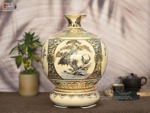 Bình hút lộc men cổ họa tiết Tứ Cảnh Vinh Hoa Phú Quý chữ Lộc vẽ vàng 24k, cao 36cm (cả đế)