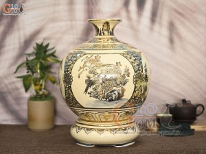 Bình hút lộc men cổ họa tiết Tứ Cảnh Vinh Hoa Phú Quý chữ Lộc vẽ vàng 24k, cao 36cm (cả đế)