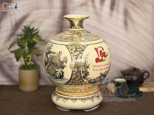 Bình hút lộc men cổ họa tiết Tứ Cảnh Vinh Hoa Phú Quý chữ Lộc vẽ vàng 24k, cao 36cm (cả đế)