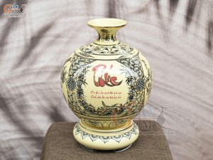 Bình hút lộc men cổ họa tiết Tứ Cảnh Vinh Hoa Phú Quý chữ Phúc vẽ vàng 24k, cao 36cm (cả đế)